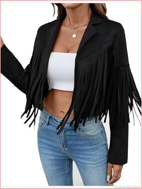 Faux Suede Leather Cropped Fringe Jacket Cowgirl Western Coat